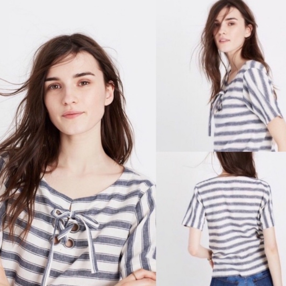 Madewell White Blue Stripe Lace Up Boxy Top-L